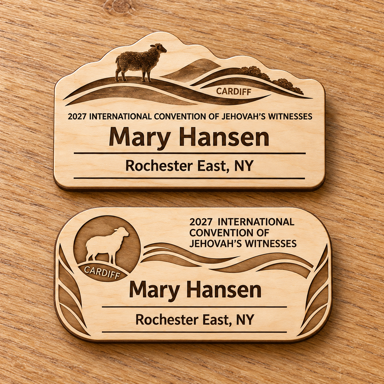 2027 International Convention Cardiff Personalized Birch Name Badge, Standard Kids Mini, Pin Magnetic or Lanyard