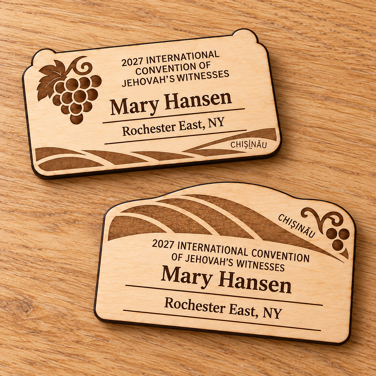 2027 International Convention Chișinău Personalized Birch Name Badge, Standard Kids Mini, Pin Magnetic or Lanyard