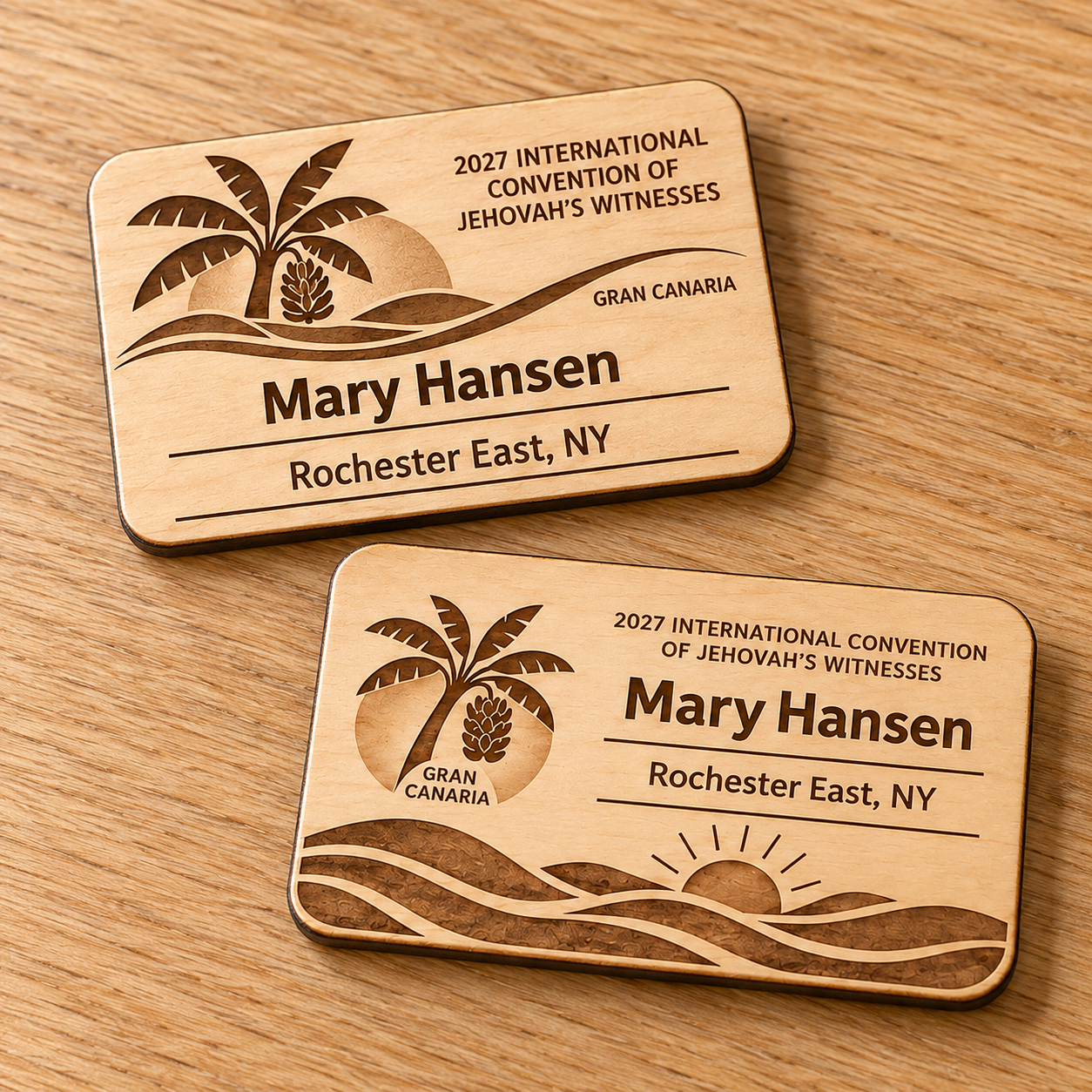 2027 International Convention Gran Canaria Personalized Birch Name Badge, Standard Kids Mini, Pin Magnetic or Lanyard