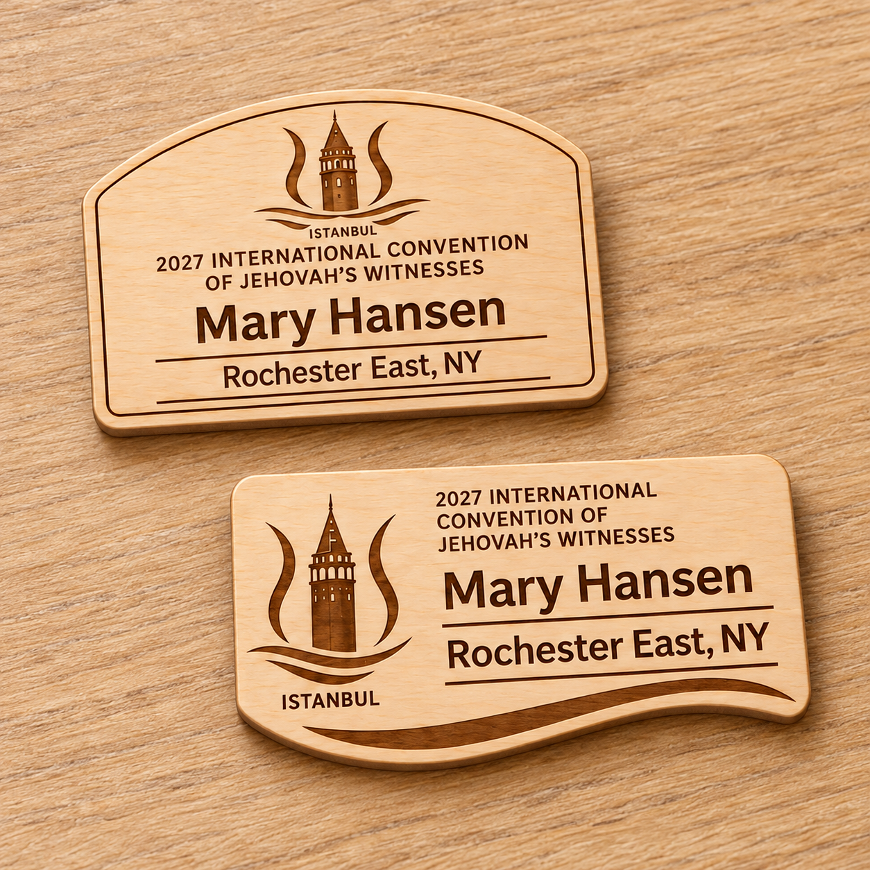2027 International Convention Istanbul Personalized Birch Name Badge, Standard Kids Mini, Pin Magnetic or Lanyard