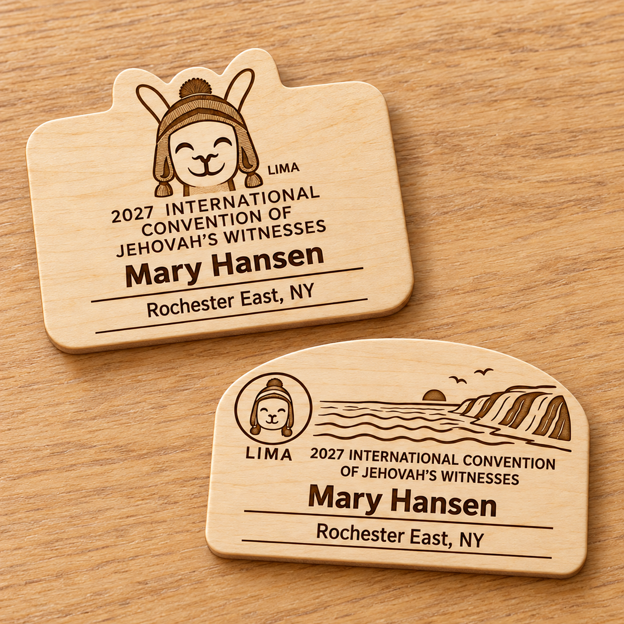 2027 International Convention Lima Personalized Birch Name Badge, Standard Kids Mini, Pin Magnetic or Lanyard