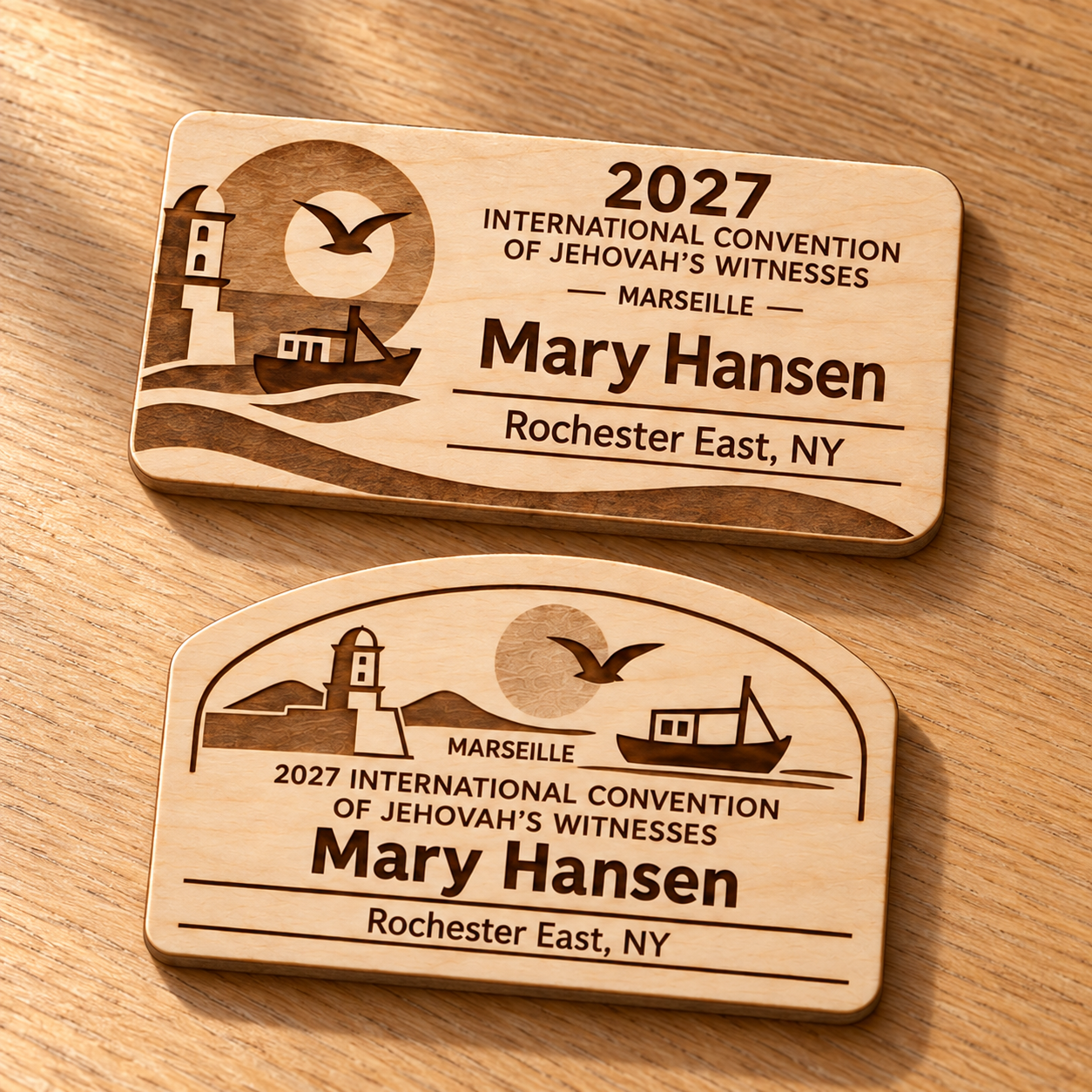 2027 International Convention Marseille Personalized Birch Name Badge, Standard Kids Mini, Pin Magnetic or Lanyard