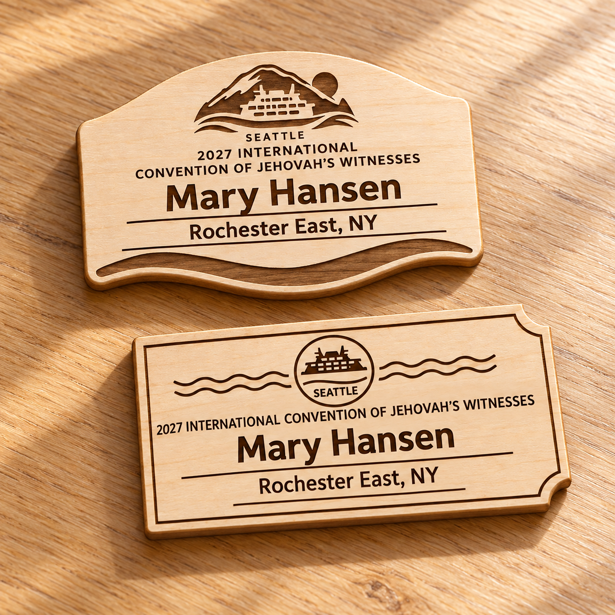 2027 International Convention Seattle Personalized Birch Name Badge, Standard Kids Mini, Pin Magnetic or Lanyard