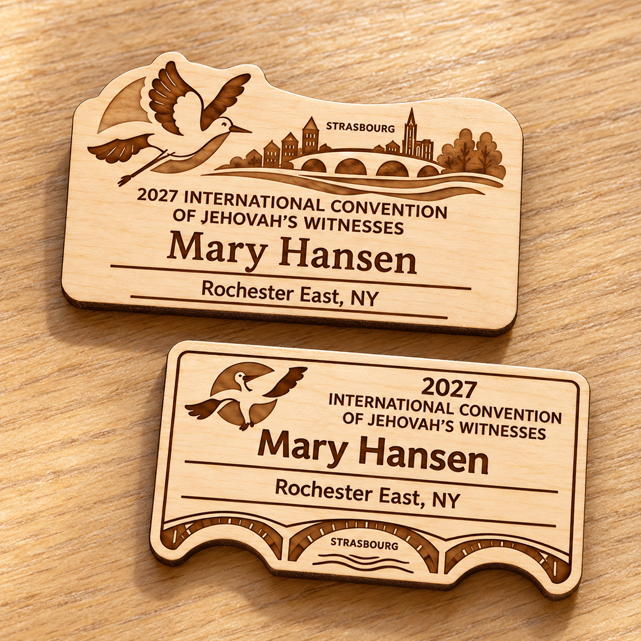 2027 International Convention Strasbourg Personalized Birch Name Badge, Standard Kids Mini, Pin Magnetic or Lanyard