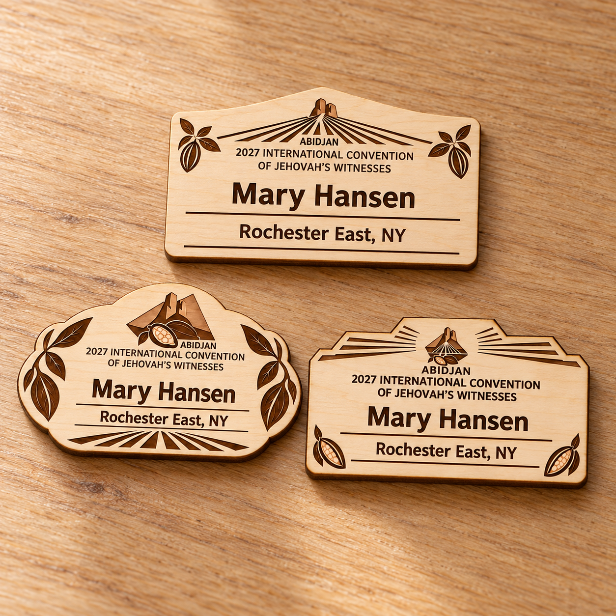 2027 International Convention Abidjan Personalized Birch Name Badge, Standard Kids Mini, Pin Magnetic or Lanyard