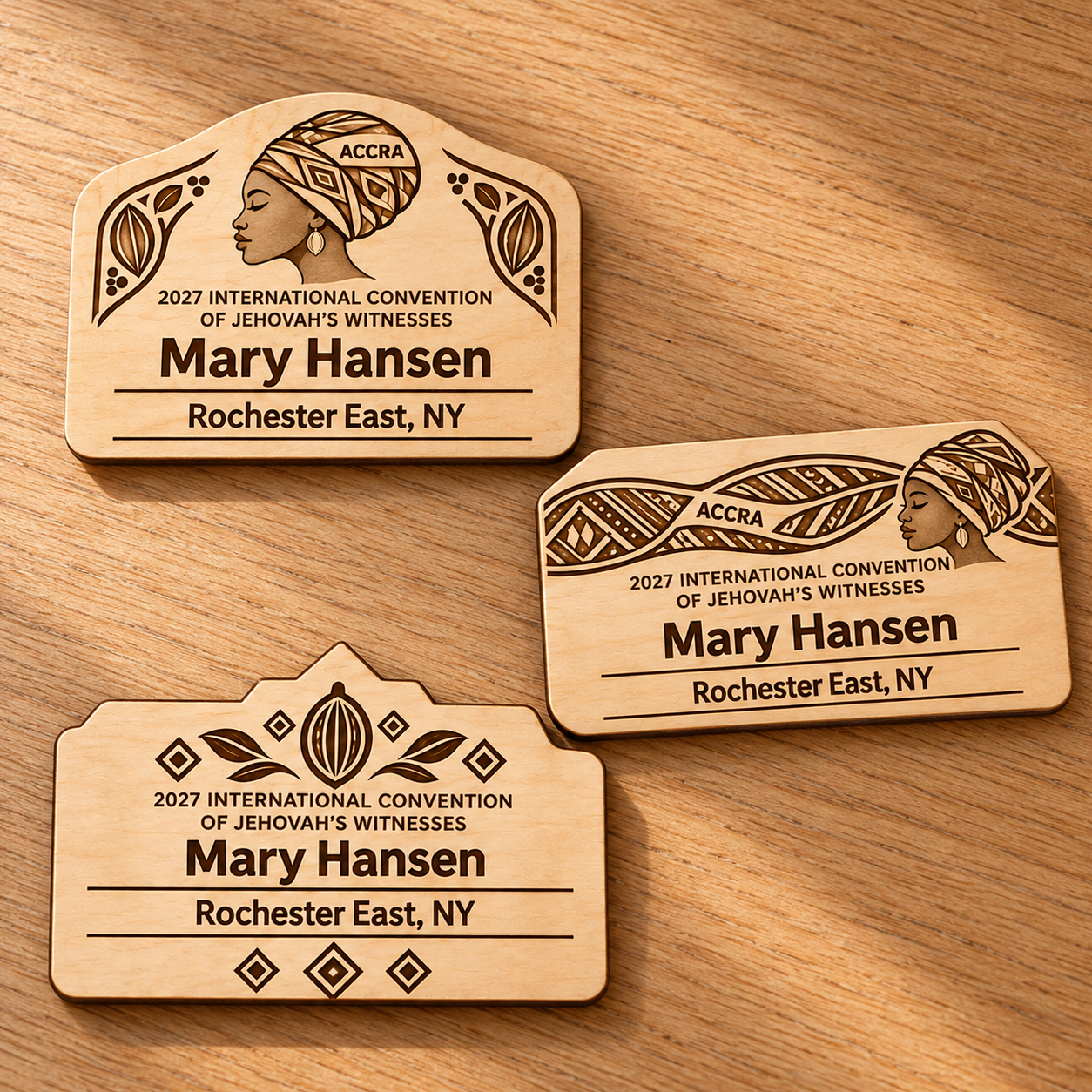 2027 International Convention Accra Personalized Birch Name Badge, Standard Kids Mini, Pin Magnetic or Lanyard