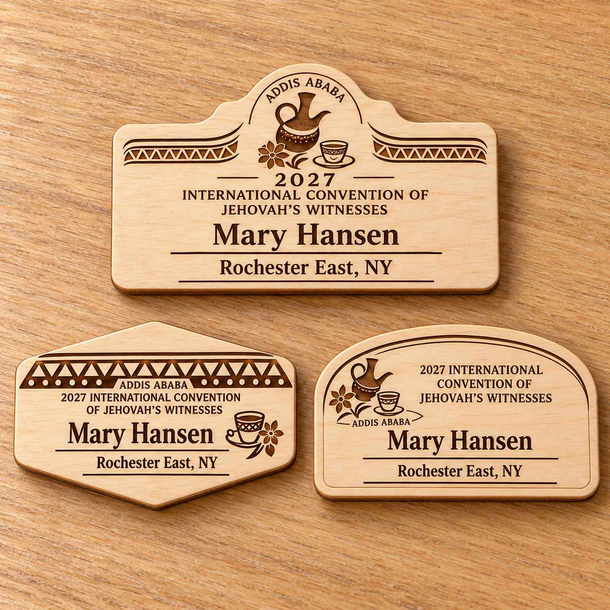 2027 International Convention Addis Ababa Personalized Birch Name Badge, Standard Kids Mini, Pin Magnetic or Lanyard