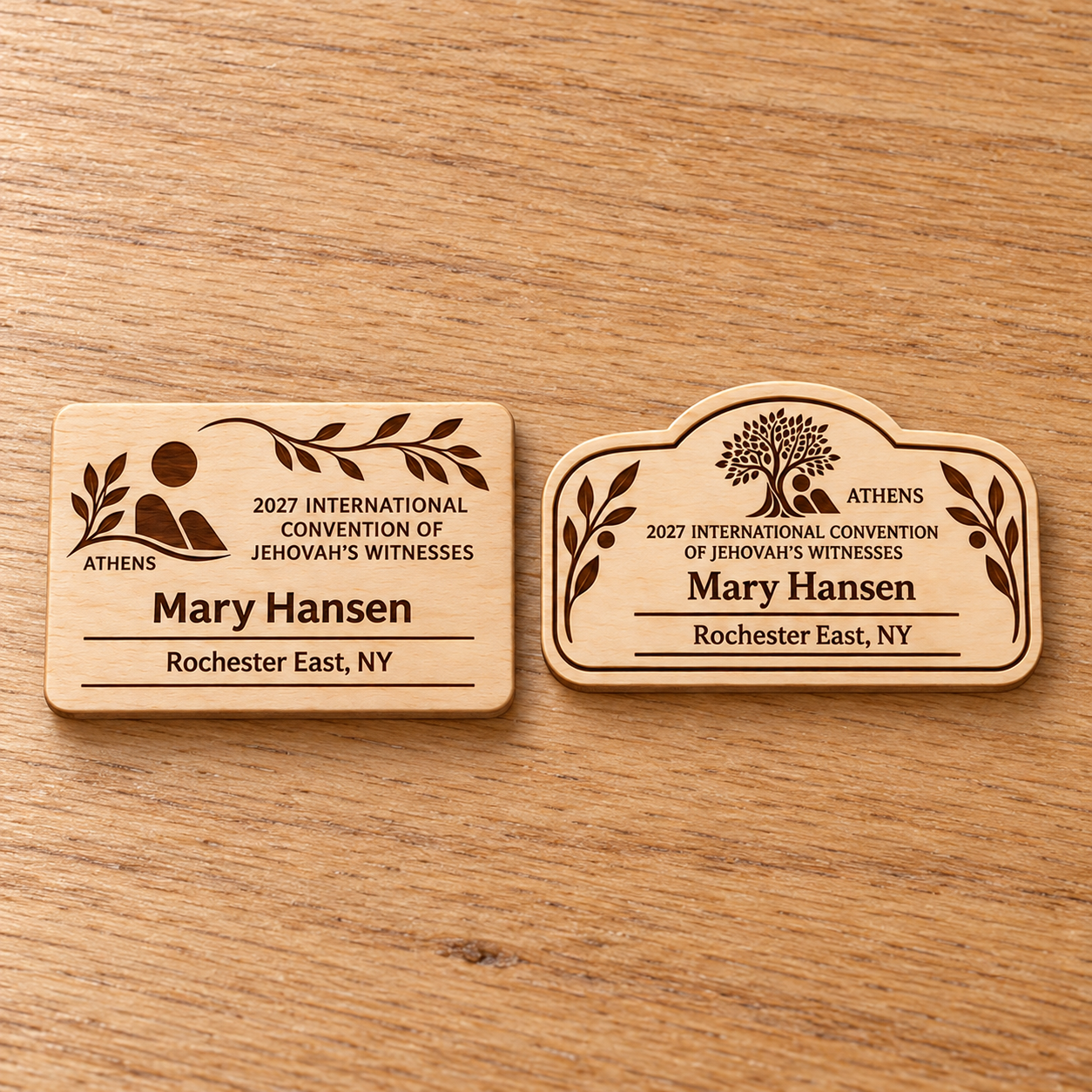 2027 International Convention Athens Personalized Birch Name Badge, Standard Kids Mini, Pin Magnetic or Lanyard
