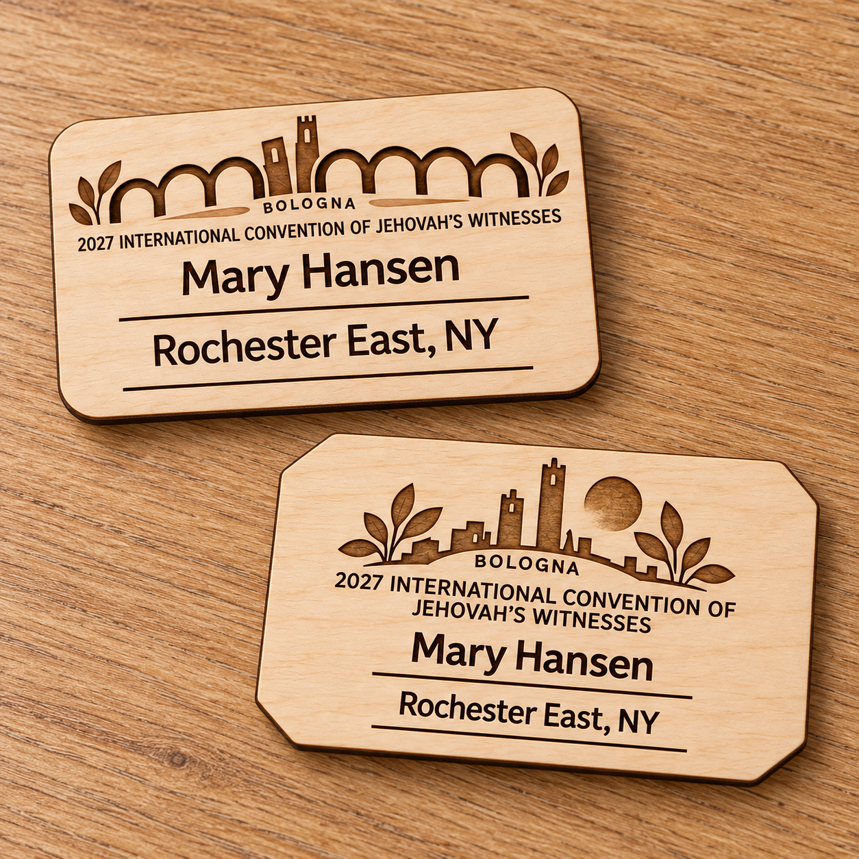 2027 International Convention Bologna Personalized Birch Name Badge, Standard Kids Mini, Pin Magnetic or Lanyard