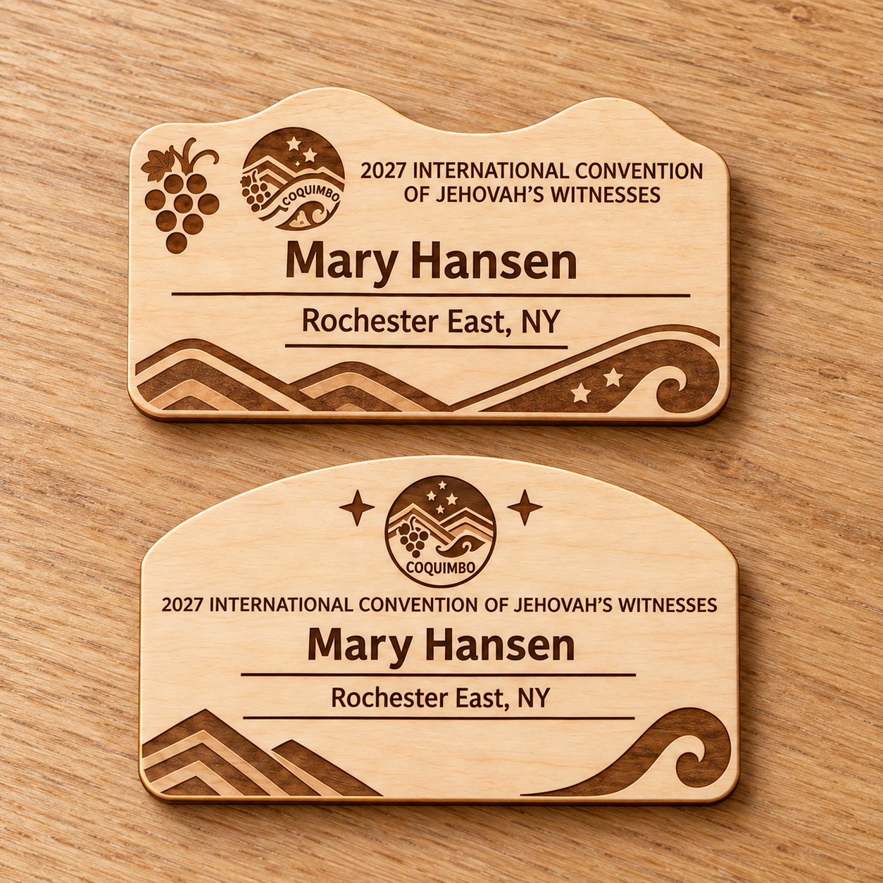 2027 International Convention Coquimbo Personalized Birch Name Badge, Standard Kids Mini, Pin Magnetic or Lanyard