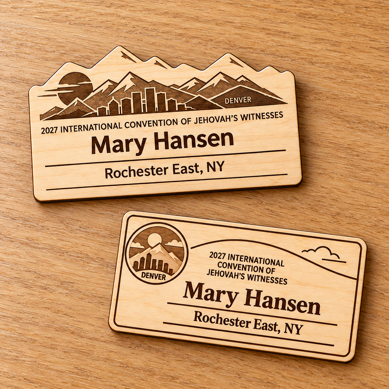 2027 International Convention Denver Personalized Birch Name Badge, Standard Kids Mini, Pin Magnetic or Lanyard