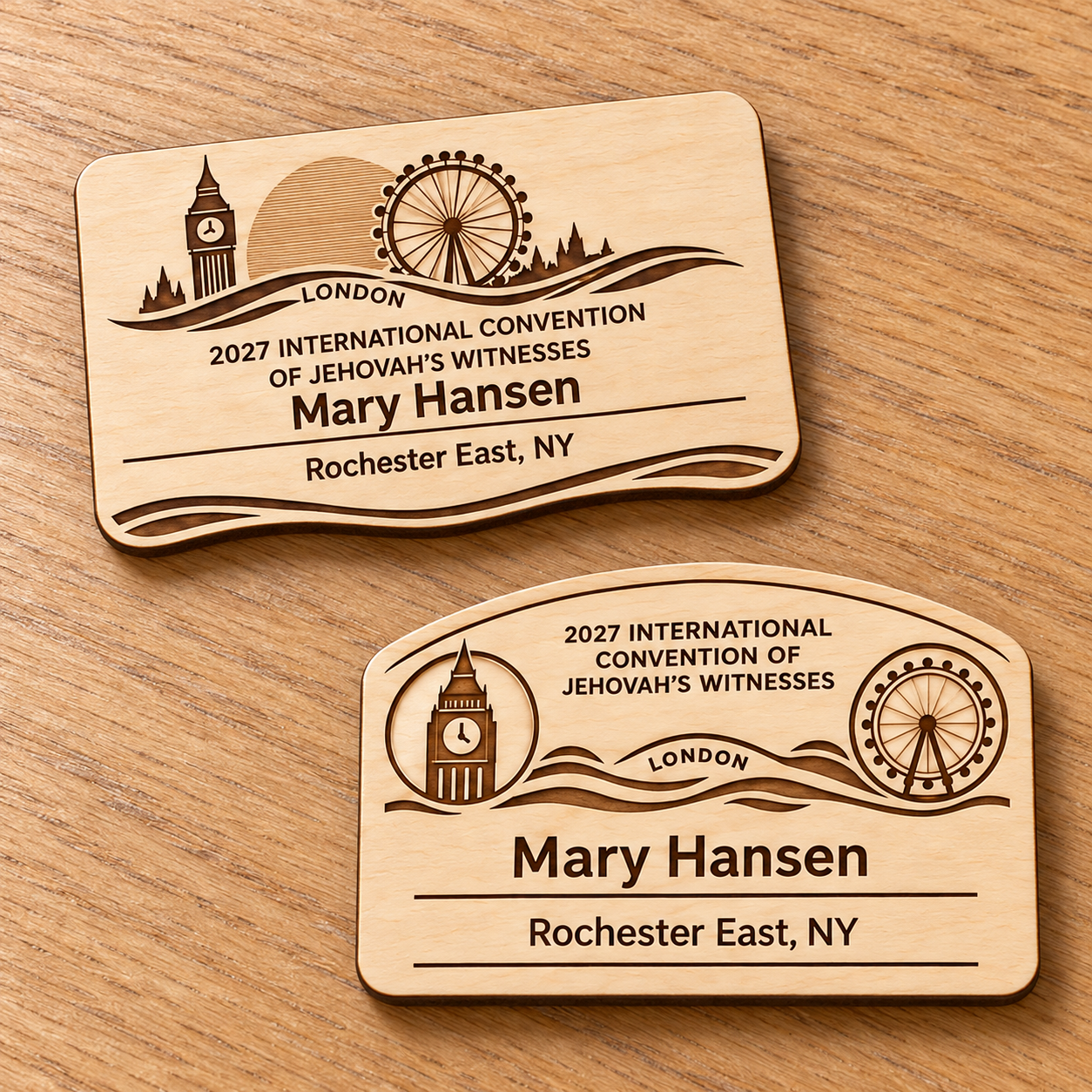 2027 International Convention London Personalized Birch Name Badge, Standard Kids Mini, Pin Magnetic or Lanyard