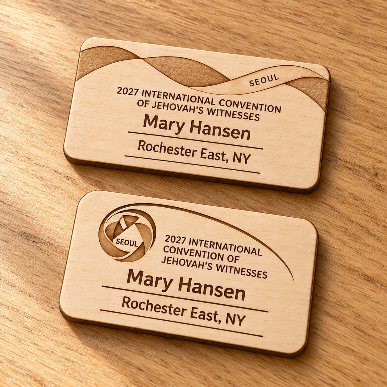 2027 International Convention Seoul Personalized Birch Name Badge, Standard Kids Mini, Pin Magnetic or Lanyard