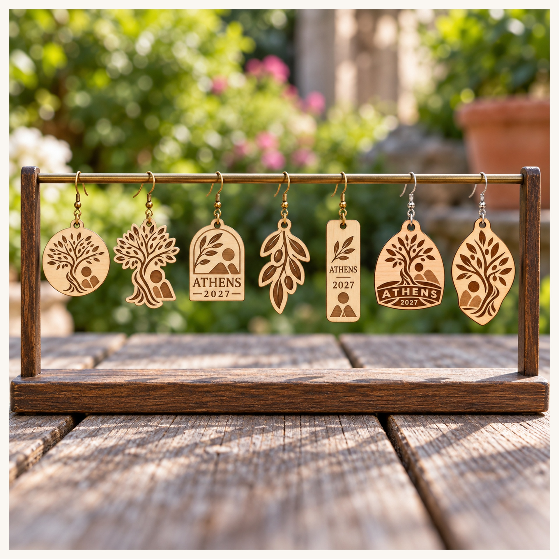 Athens 2027 International Convention Birch Earrings, Engraved City Design Jewelry