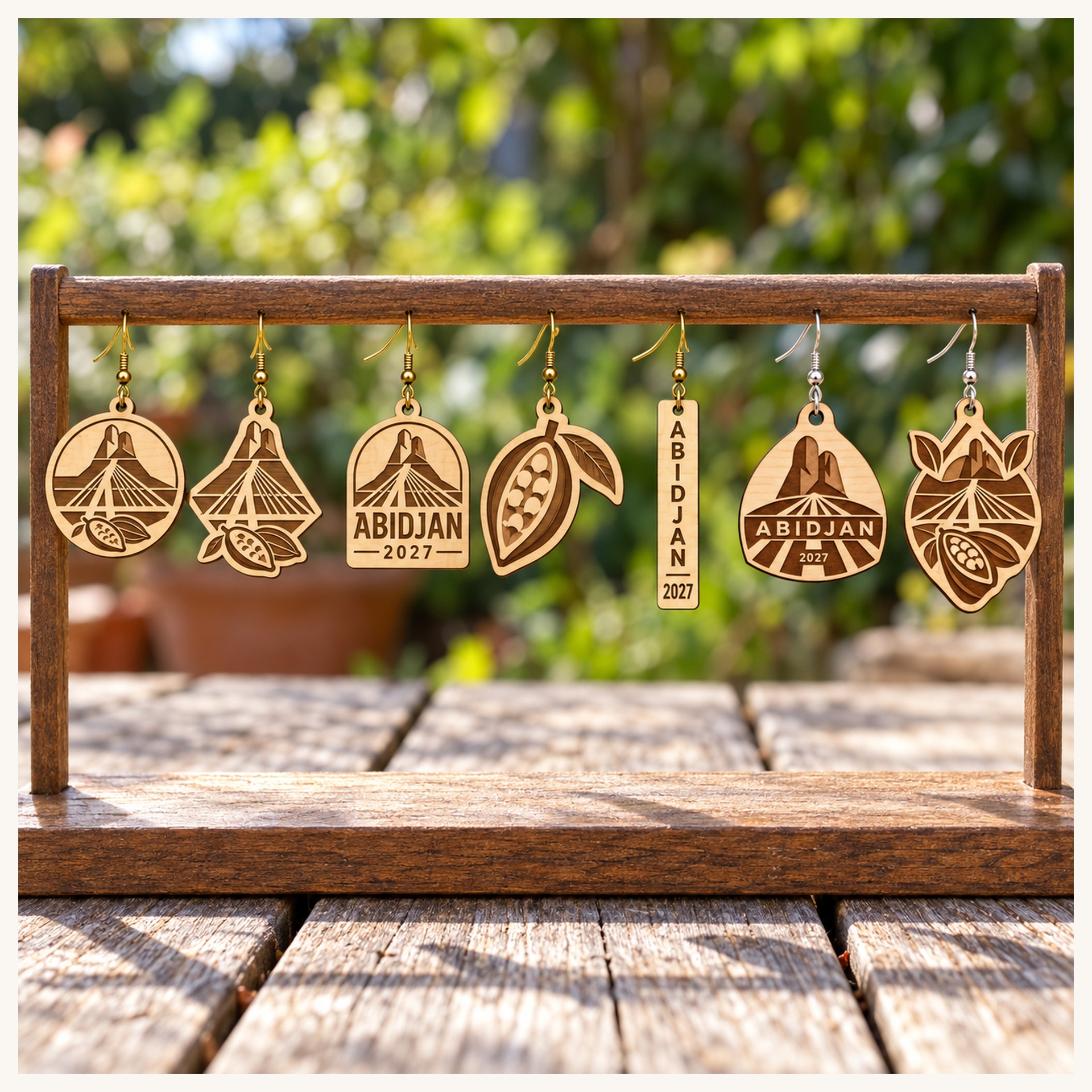 Abidjan 2027 International Convention Birch Earrings, Engraved City Design Jewelry