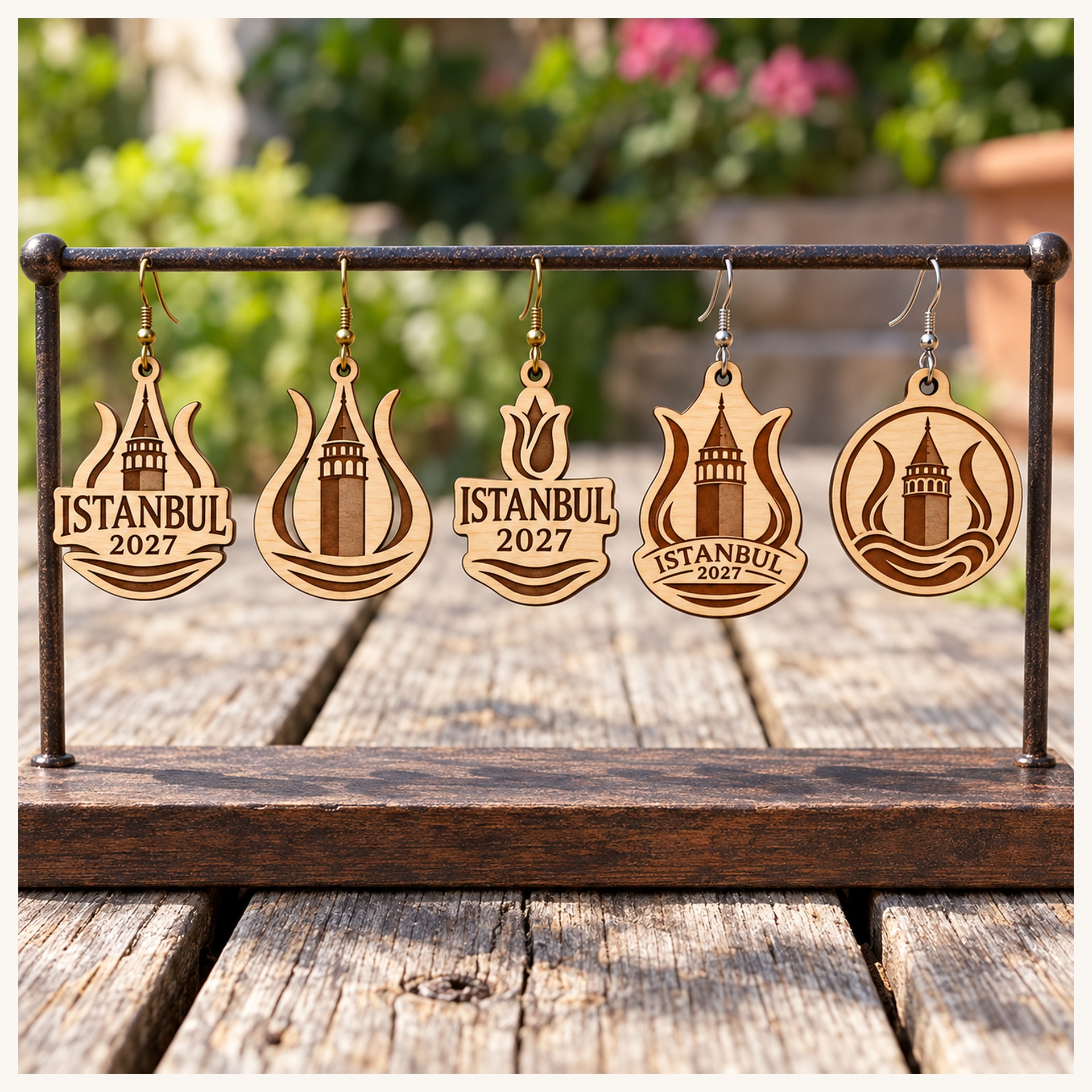 Istanbul 2027 International Convention Birch Earrings, Engraved City Design Jewelry
