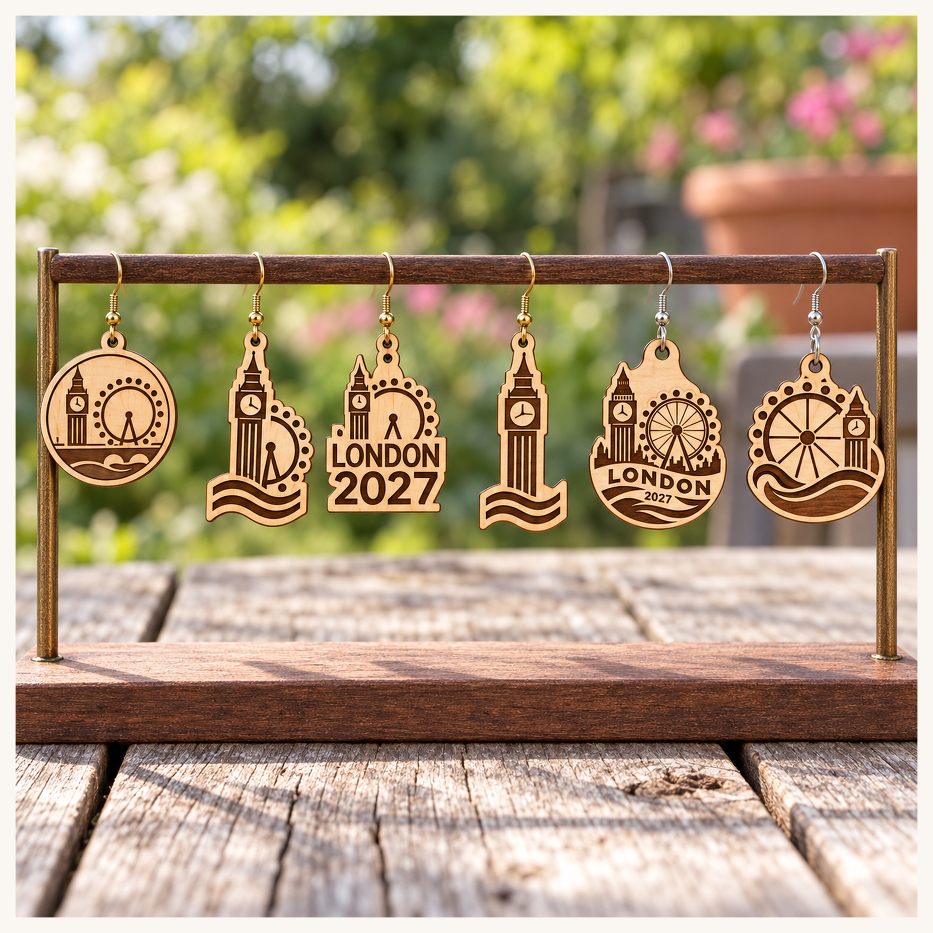 London 2027 International Convention Birch Earrings, Engraved City Design Jewelry