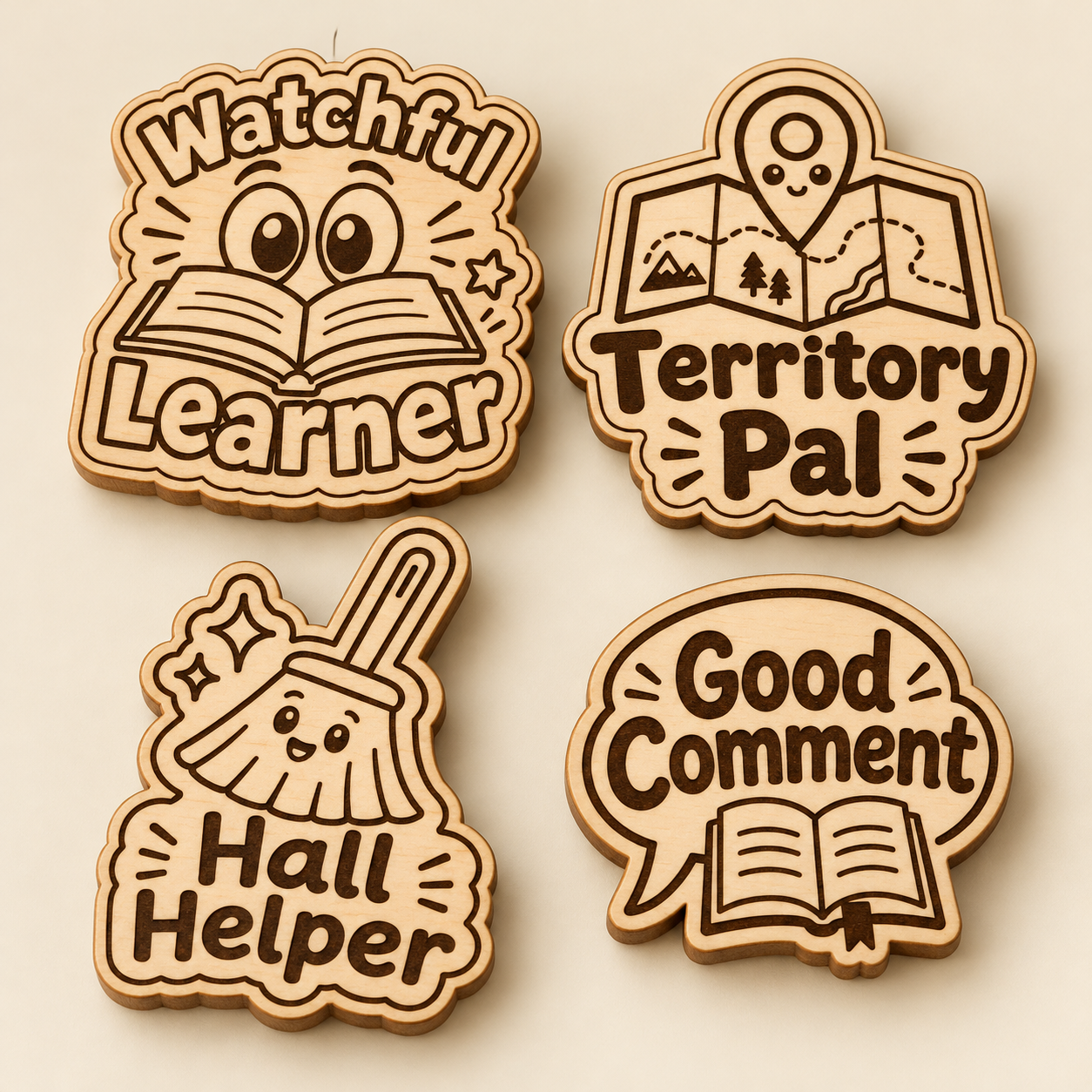 Kids Meeting and Ministry Reward Pins | Choose from 19 Engraved Birch Designs