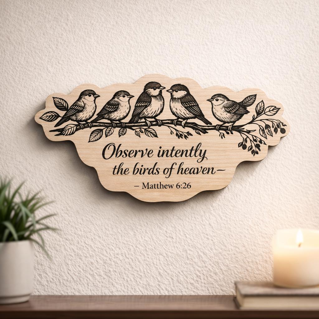Birch scripture plaque with five engraved birds displayed on a warm neutral wall above a tabletop.