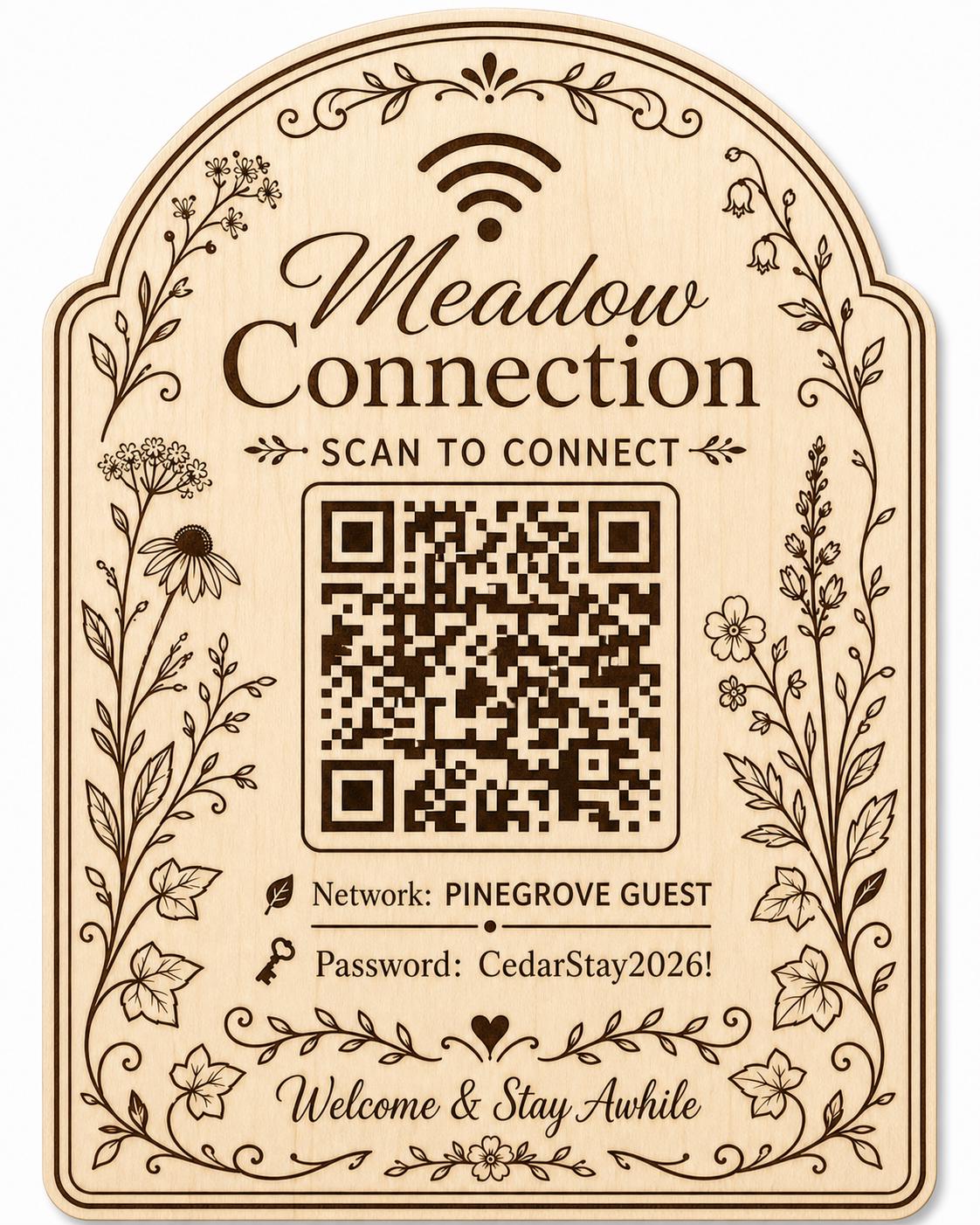 Floral personalized guest Wi-Fi sign with an engraved sample QR code on a light background.